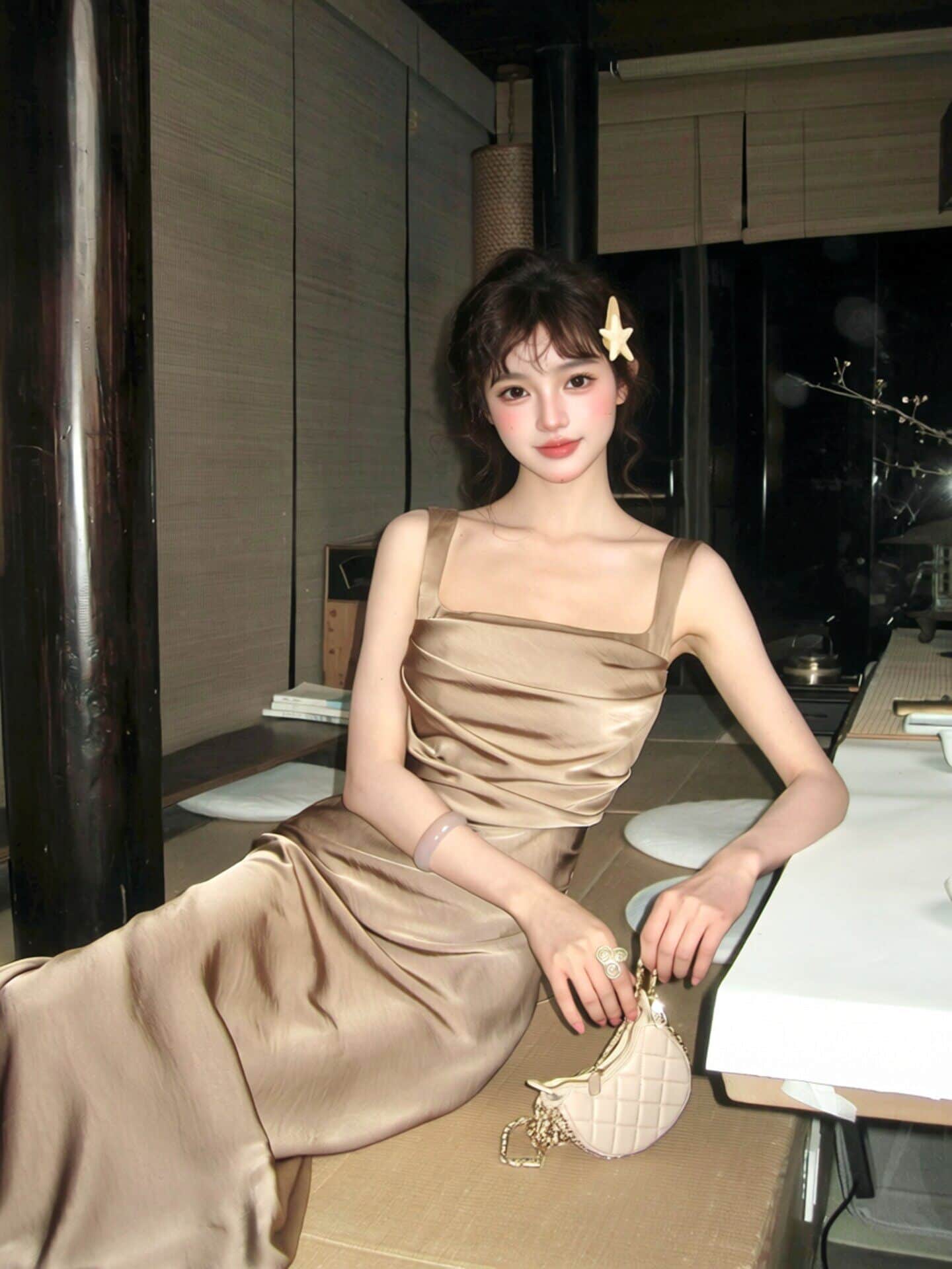 White/Gold Square Neck Satin Spaghetti Strap Maxi Dress - EveningVerse - 4