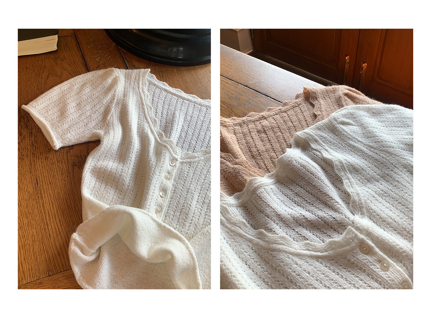 White/Pink Wool Blend Knit V - Neck Cutout Short Sleeve Crop Top - EveningVerse - 7