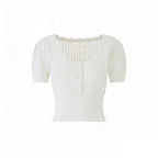 White/Pink Wool Blend Knit V - Neck Cutout Short Sleeve Crop Top - EveningVerse - 14