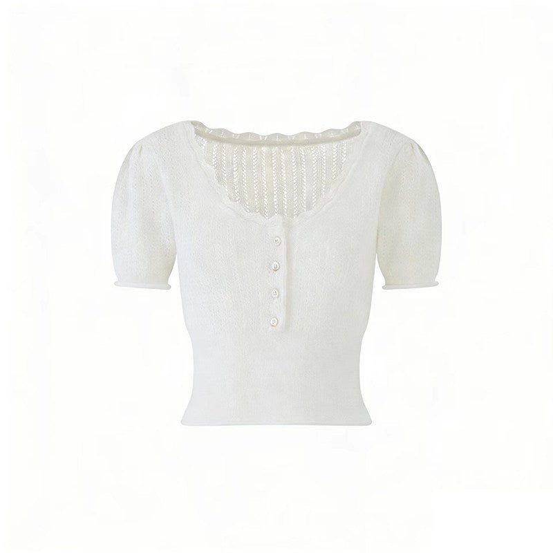 White/Pink Wool Blend Knit V - Neck Cutout Short Sleeve Crop Top - EveningVerse - 14