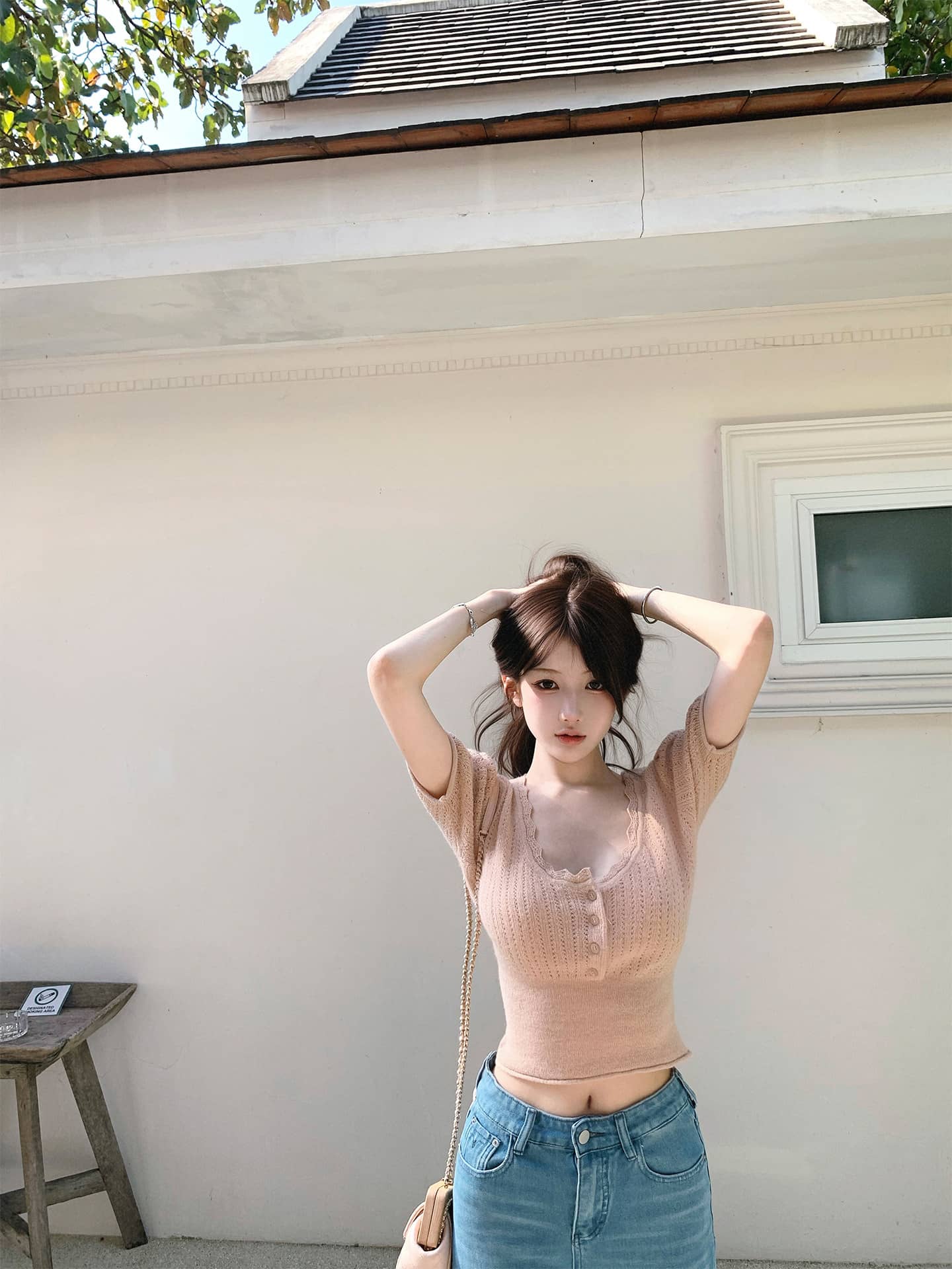 White/Pink Wool Blend Knit V-Neck Cutout Short Sleeve Crop Top Secondary image