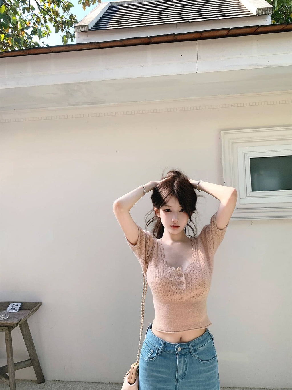 White/Pink Wool Blend Knit V - Neck Cutout Short Sleeve Crop Top - EveningVerse - 2