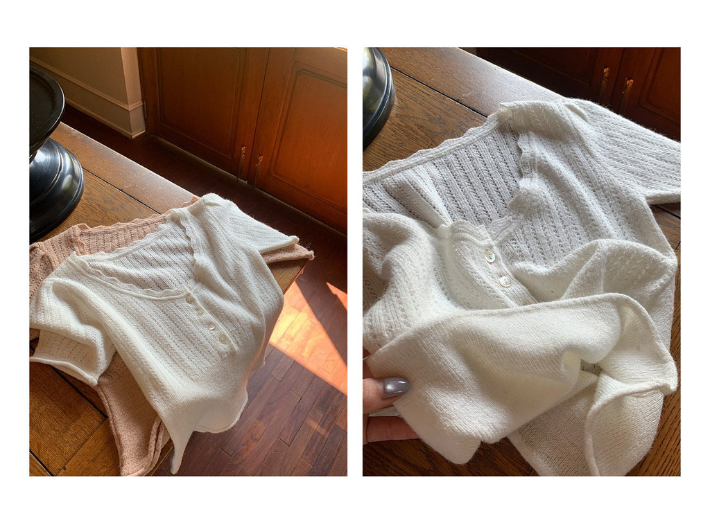White/Pink Wool Blend Knit V - Neck Cutout Short Sleeve Crop Top - EveningVerse - 8
