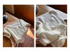 White/Pink Wool Blend Knit V - Neck Cutout Short Sleeve Crop Top - EveningVerse - 8