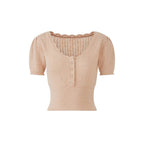 White/Pink Wool Blend Knit V - Neck Cutout Short Sleeve Crop Top - EveningVerse - 15