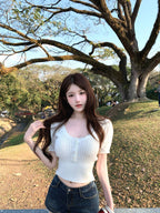 White/Pink Wool Blend Knit V - Neck Cutout Short Sleeve Crop Top - EveningVerse - 1