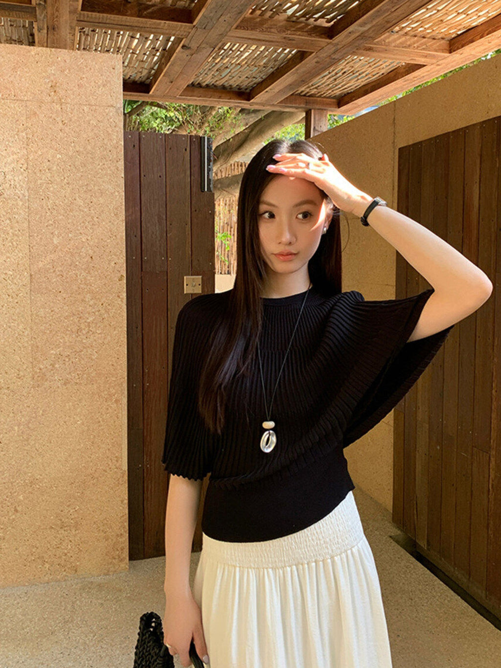 White/Pink/Black Knit Batwing Short Sleeve Cinched Waist Fitted Top - EveningVerse - 14