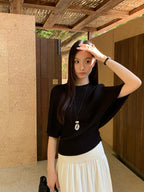 White/Pink/Black Knit Batwing Short Sleeve Cinched Waist Fitted Top - EveningVerse - 14