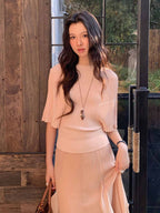 White/Pink/Black Knit Batwing Short Sleeve Cinched Waist Fitted Top - EveningVerse - 1