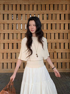 White/Pink/Black Knit Batwing Short Sleeve Cinched Waist Fitted Top - EveningVerse - 3