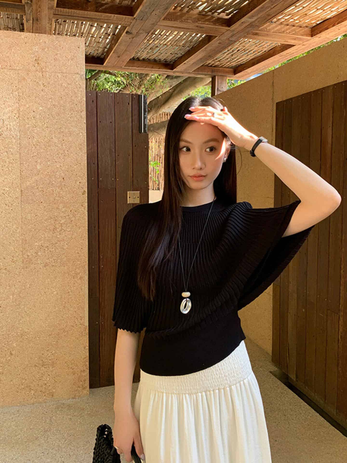 White/Pink/Black Knit Batwing Short Sleeve Cinched Waist Fitted Top - EveningVerse - 4