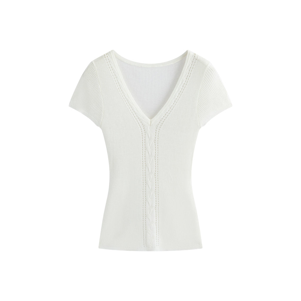 White/Pink/Brown Knit V - Neck Twist Cutout Short Sleeve Fitted Top - EveningVerse - 13