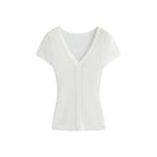 White/Pink/Brown Knit V - Neck Twist Cutout Short Sleeve Fitted Top - EveningVerse - 13