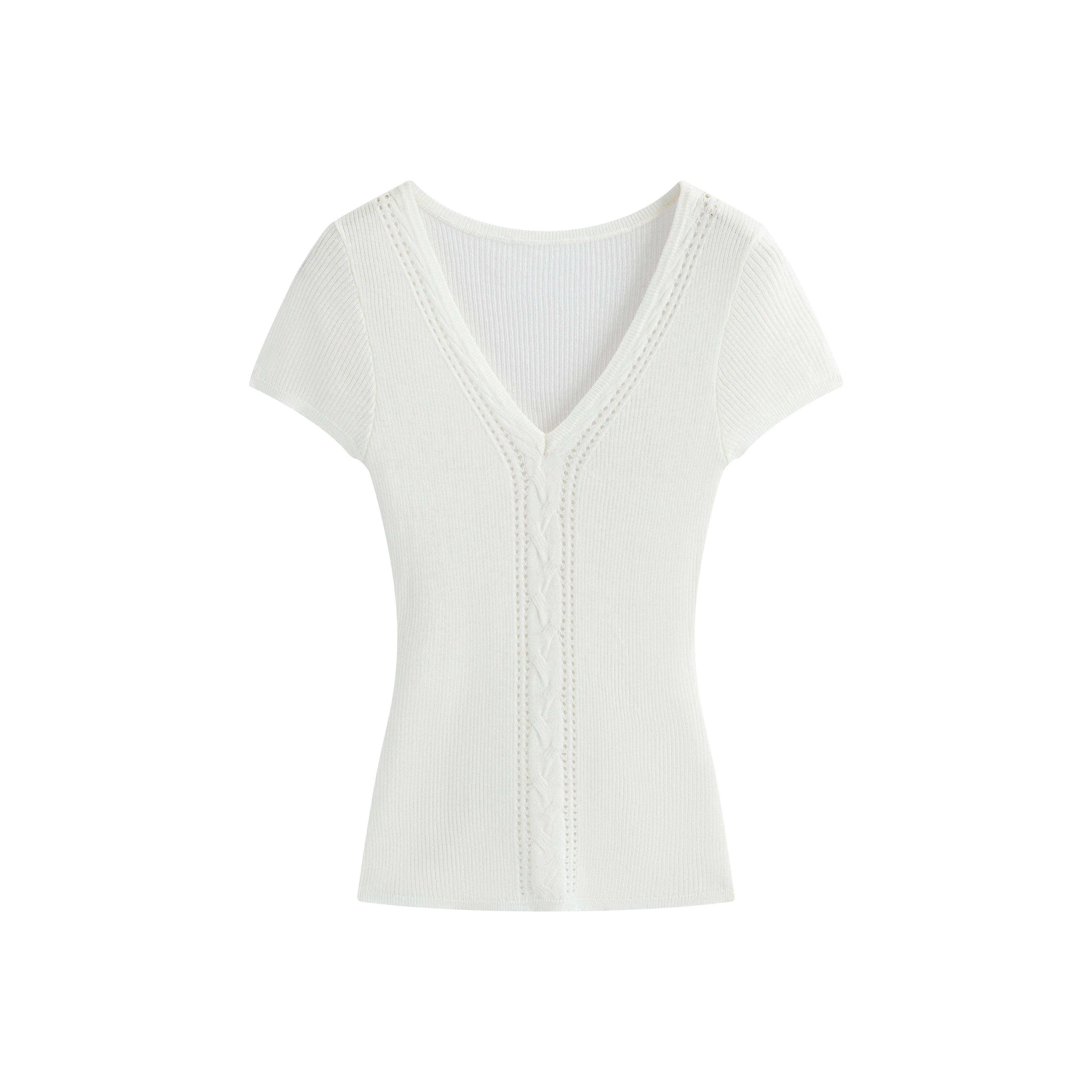 White/Pink/Brown Knit V - Neck Twist Cutout Short Sleeve Fitted Top - EveningVerse - 13