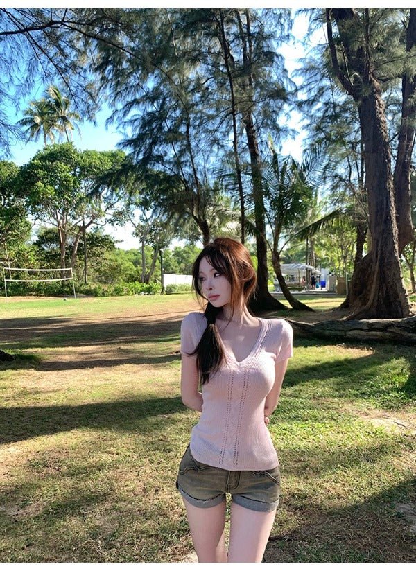 White/Pink/Brown Knit V - Neck Twist Cutout Short Sleeve Fitted Top - EveningVerse - 7
