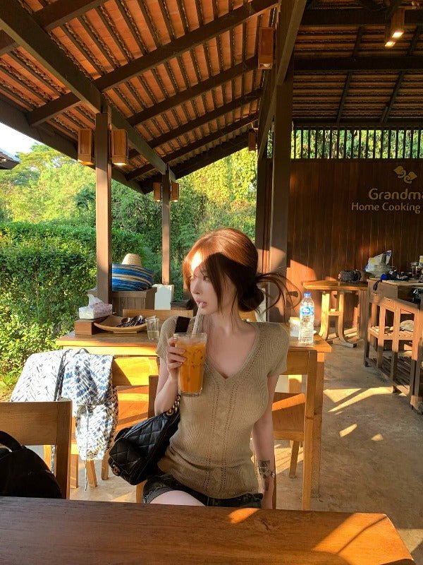White/Pink/Brown Knit V-Neck Twist Cutout Short Sleeve Fitted Top Secondary image