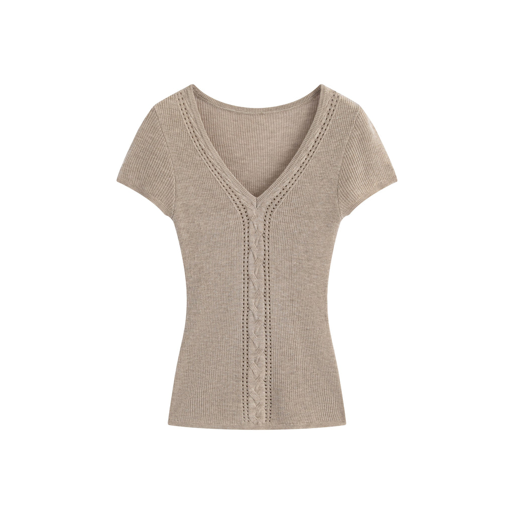 White/Pink/Brown Knit V - Neck Twist Cutout Short Sleeve Fitted Top - EveningVerse - 14