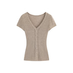 White/Pink/Brown Knit V - Neck Twist Cutout Short Sleeve Fitted Top - EveningVerse - 14