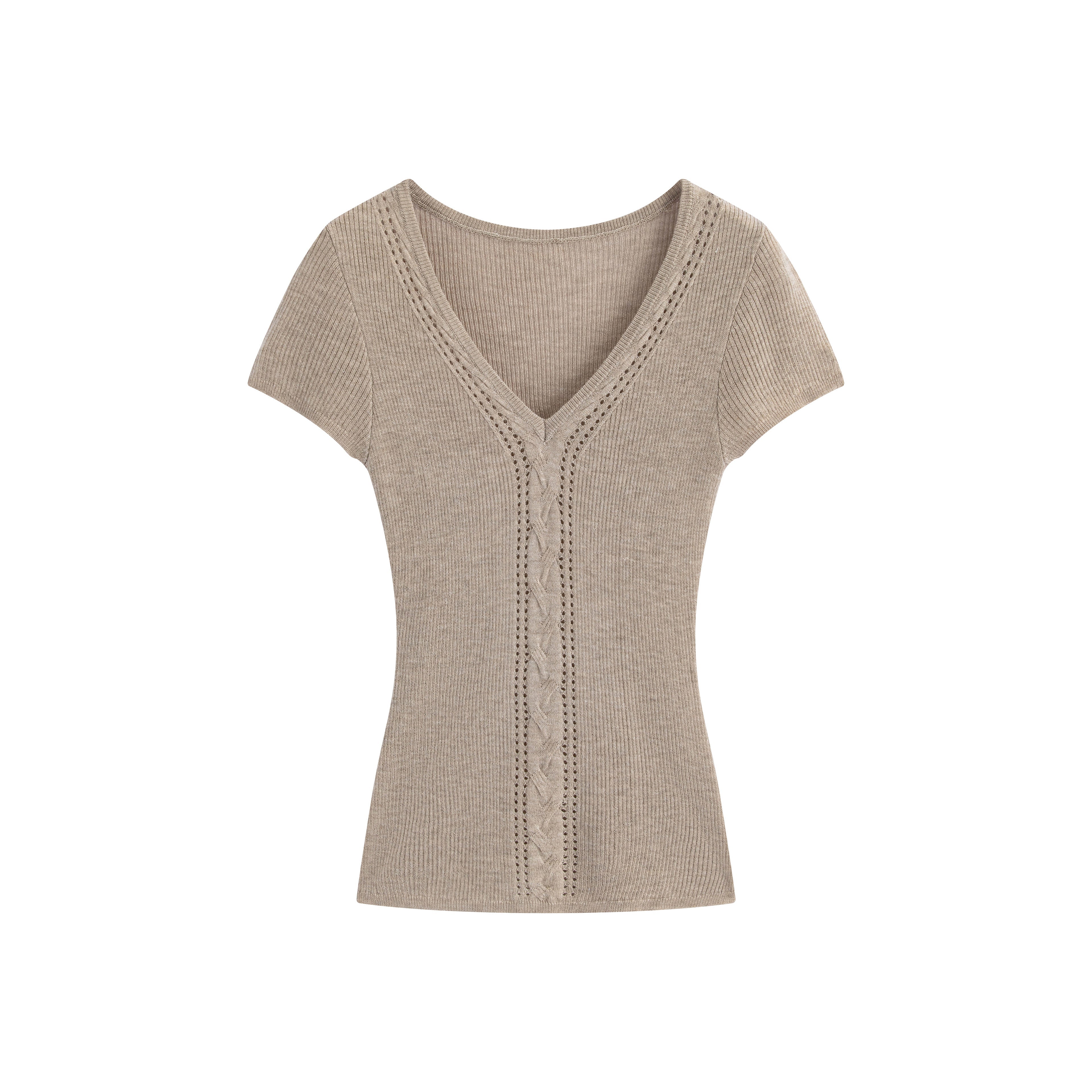 White/Pink/Brown Knit V - Neck Twist Cutout Short Sleeve Fitted Top - EveningVerse - 14