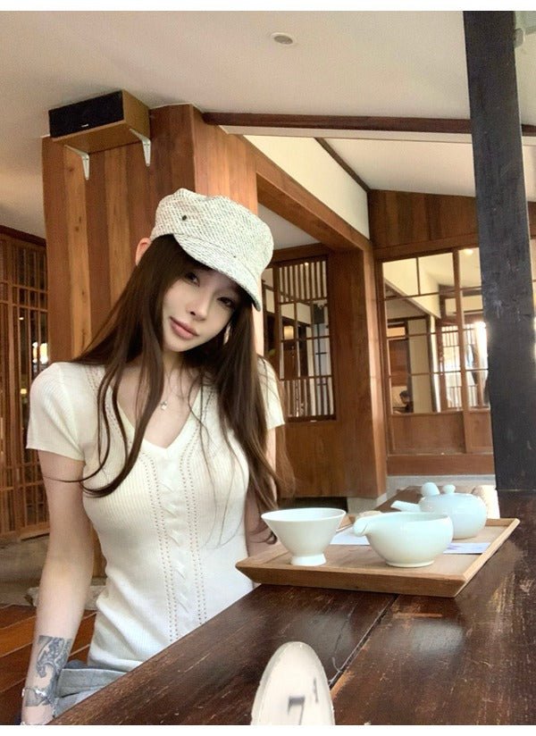White/Pink/Brown Knit V - Neck Twist Cutout Short Sleeve Fitted Top - EveningVerse - 8