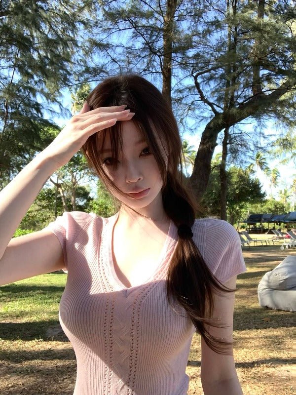 White/Pink/Brown Knit V - Neck Twist Cutout Short Sleeve Fitted Top - EveningVerse - 1