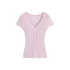 White/Pink/Brown Knit V - Neck Twist Cutout Short Sleeve Fitted Top - EveningVerse - 12