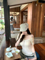 White/Pink/Brown Knit V - Neck Twist Cutout Short Sleeve Fitted Top - EveningVerse - 4