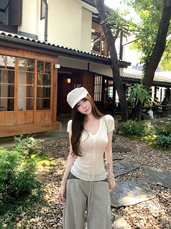White/Pink/Brown Knit V - Neck Twist Cutout Short Sleeve Fitted Top - EveningVerse - 5