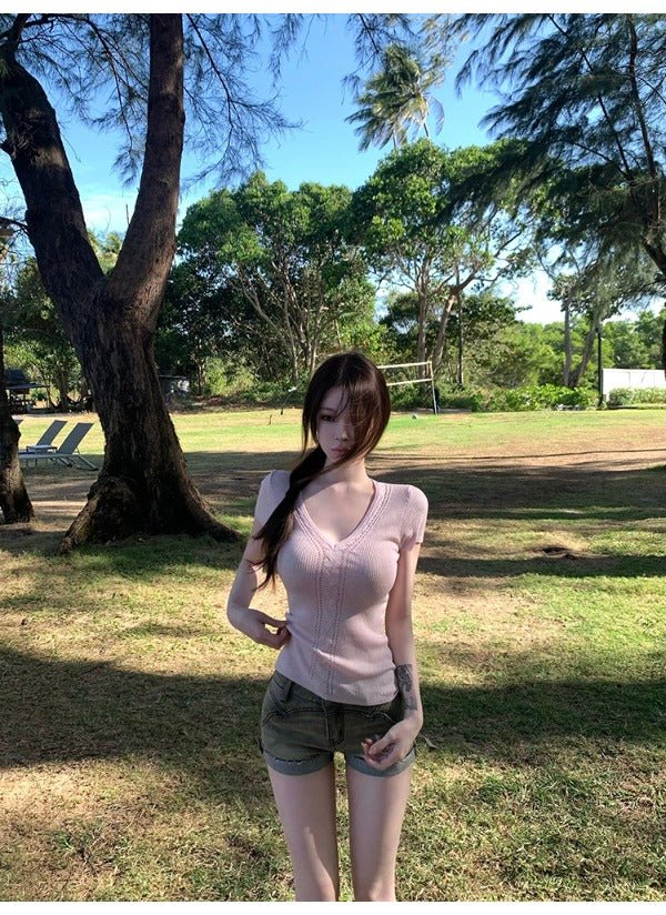 White/Pink/Brown Knit V - Neck Twist Cutout Short Sleeve Fitted Top - EveningVerse - 6