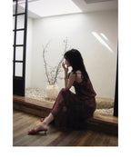 Wine Red Midi Dress Premium Silk Sheath Floral Print High Waist Tie Shoulder - EveningVerse - 5