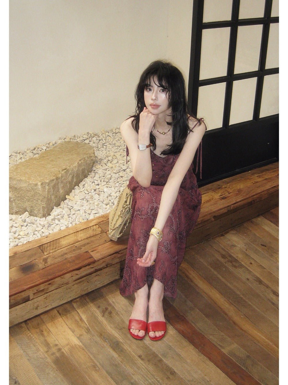 Wine Red Midi Dress Premium Silk Sheath Floral Print High Waist Tie Shoulder - EveningVerse - 1