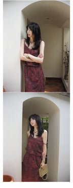 Wine Red Midi Dress Premium Silk Sheath Floral Print High Waist Tie Shoulder - EveningVerse - 3