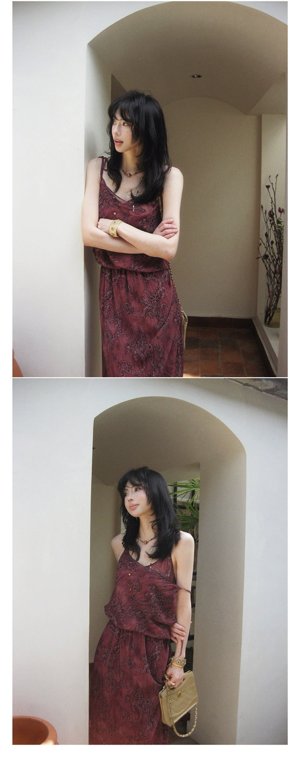 Wine Red Midi Dress Premium Silk Sheath Floral Print High Waist Tie Shoulder - EveningVerse - 3