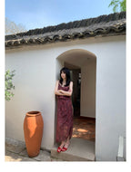 Wine Red Midi Dress Premium Silk Sheath Floral Print High Waist Tie Shoulder - EveningVerse - 8