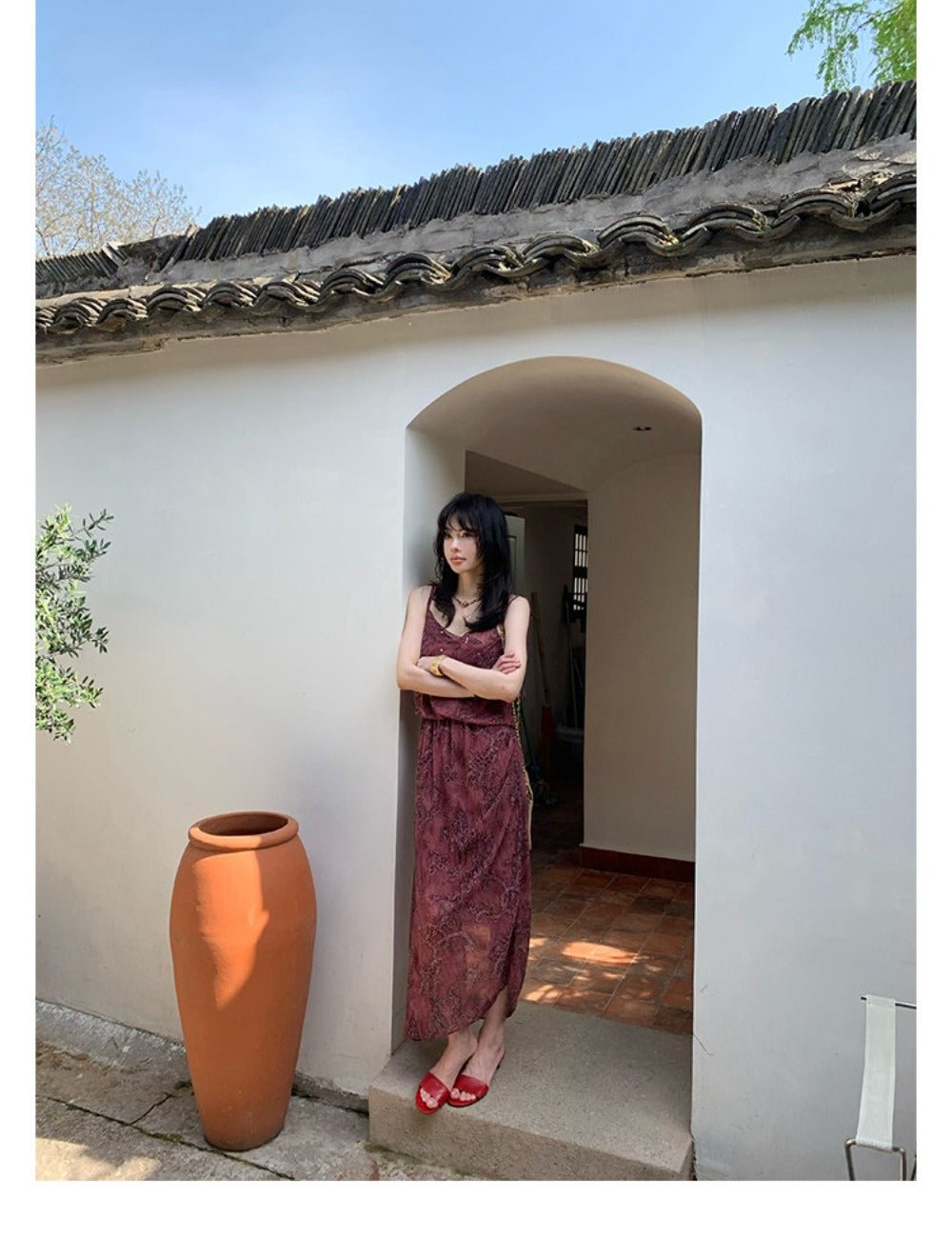 Wine Red Midi Dress Premium Silk Sheath Floral Print High Waist Tie Shoulder - EveningVerse - 8